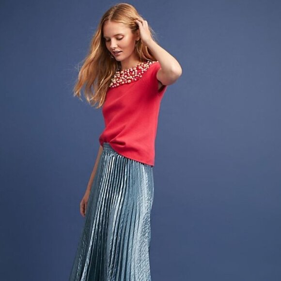 Anthropologie Moth Brienne Pearl Sweater Cap Sleeves Size XS-M Pink/Red - Picture 2 of 15